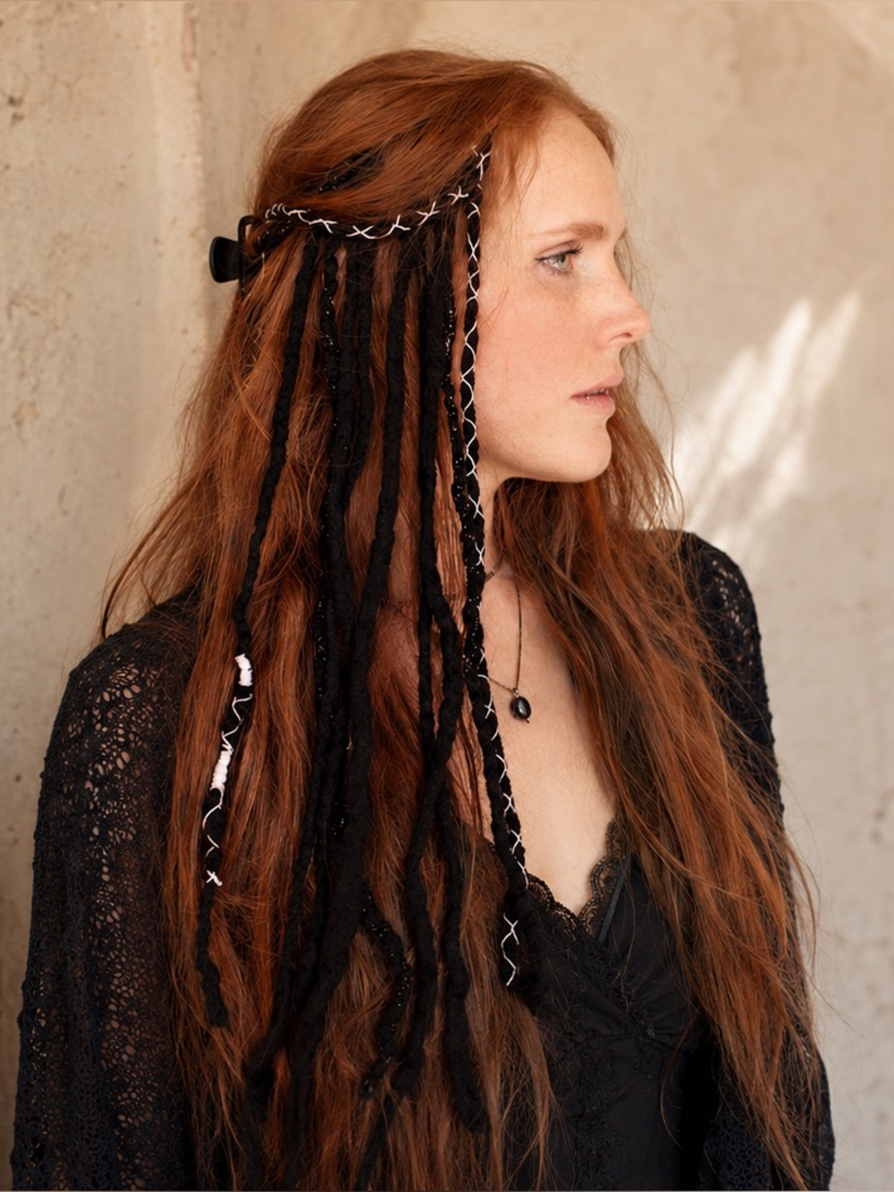 Black Merino Wool Clip In Dreadlocks Extensions Handmade Miss Violet Lace